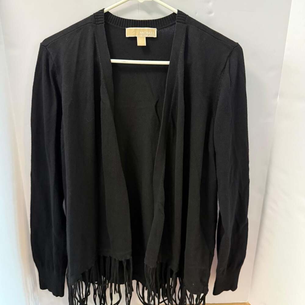 Michael Michael Kors Black Fringe Open Front‎ Cardigan Size L
